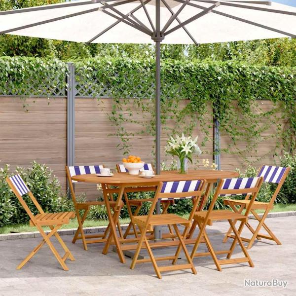 Chaises pliantes, 6 pi�ces, en tissu bleu et blanc et bois massif, pour le salon