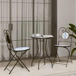 Ensemble de bistro mosa&iuml;que, en fer et c&eacute;ramique, bleu et blanc, pour le jardin