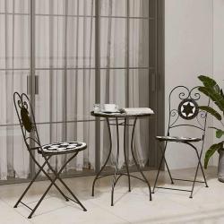 Ensemble de bistro mosa&iuml;que, en fer et c&eacute;ramique, noir et blanc, pour le jardin