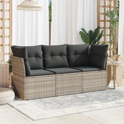 Salon avec coussins, 3 pi&egrave;ces, en r&eacute;sine tress&eacute;e gris clair