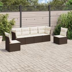 Salon avec coussins, 6 pi&egrave;ces, en r&eacute;sine tress&eacute;e, marron, pour le jardin