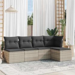 Salon de 5 pi&egrave;ces avec coussins gris clair, en r&eacute;sine tress&eacute;e, pour le jardin