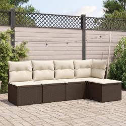 Salon avec coussins, 5 pi&egrave;ces, en r&eacute;sine tress&eacute;e marron, pour le jardin