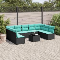 Ensemble de canap&eacute; de 10 pcs avec coussins noir r&eacute;sine tress&eacute;e