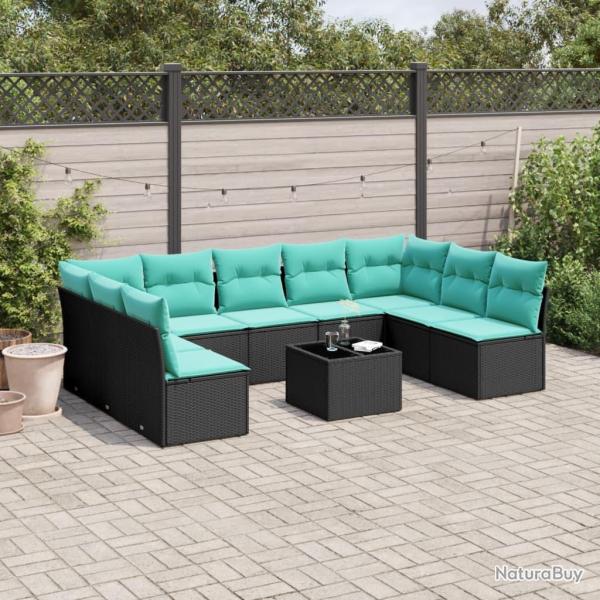 Ensemble de canap� de 10 pcs avec coussins noir r�sine tress�e