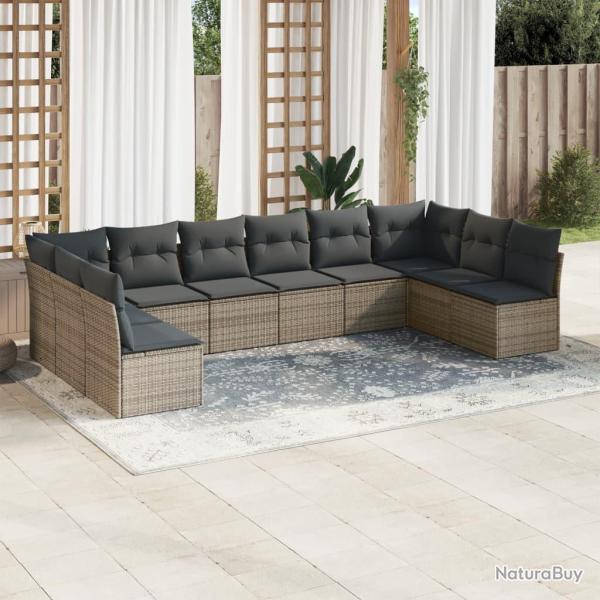 Salon de jardin avec coussins, 10 pi�ces, en r�sine tress�e grise