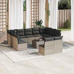 Salon de jardin avec coussins, 12 pi&egrave;ces, en r&eacute;sine tress&eacute;e gris clair