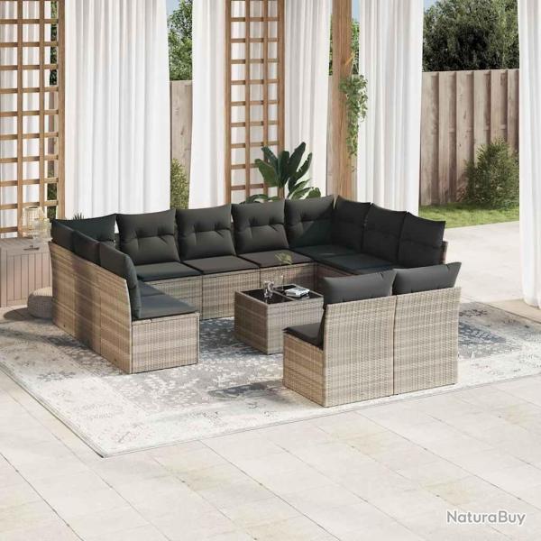 Salon de jardin avec coussins, 12 pi�ces, en r�sine tress�e gris clair