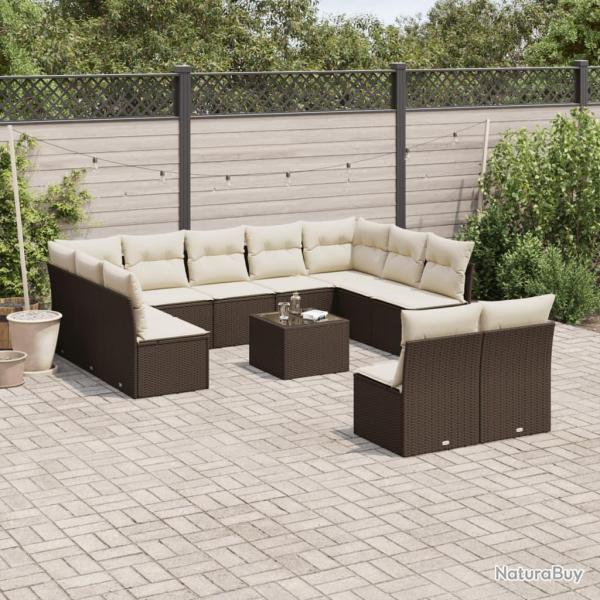 Salon de jardin avec coussins, 12 pi�ces, en r�sine tress�e marron
