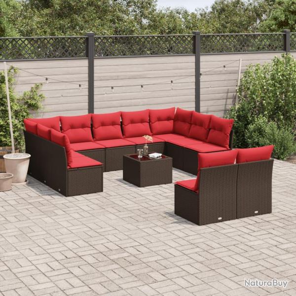 Ensemble de canap� de 12 pcs avec coussins marron r�sine tress�e