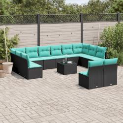 Ensemble de canap&eacute; de 13 pcs avec coussins noir r&eacute;sine tress&eacute;e