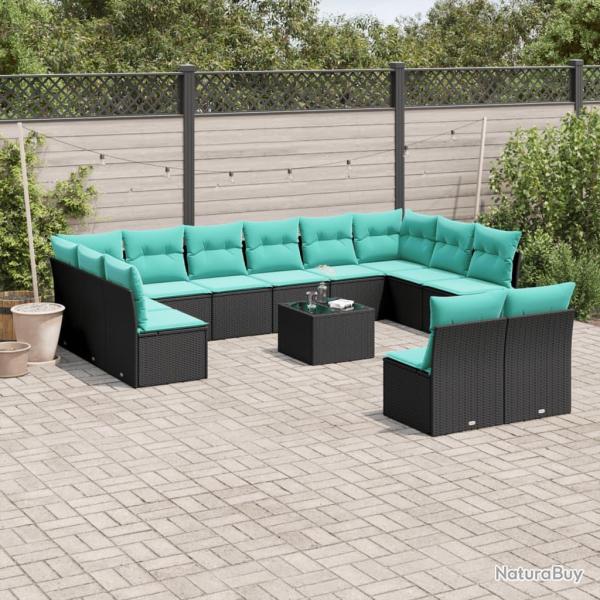 Ensemble de canap� de 13 pcs avec coussins noir r�sine tress�e