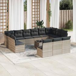 Salon de jardin avec coussins, 14 pi&egrave;ces, en r&eacute;sine tress&eacute;e gris clair