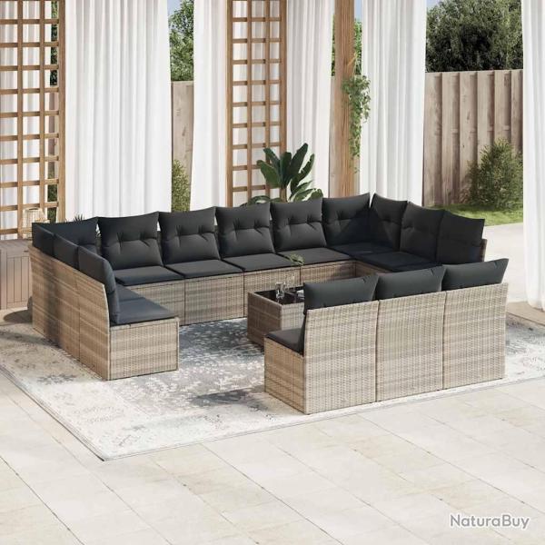 Salon de jardin avec coussins, 14 pi�ces, en r�sine tress�e gris clair