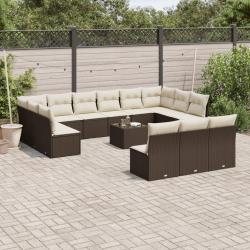 Salon de jardin avec coussins, 14 pi&egrave;ces, en r&eacute;sine tress&eacute;e marron