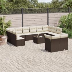 Salon de jardin avec coussins, 13 pi&egrave;ces, en r&eacute;sine tress&eacute;e marron