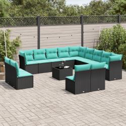 Ensemble de canap&eacute; de 14 pcs avec coussins noir r&eacute;sine tress&eacute;e