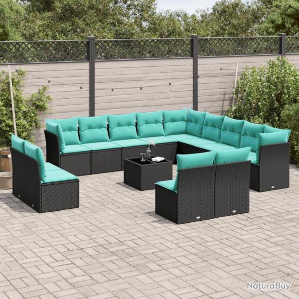 Ensemble de canap� de 14 pcs avec coussins noir r�sine tress�e