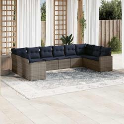 Salon de 10 pcs avec coussins gris r&eacute;sine tress&eacute;e