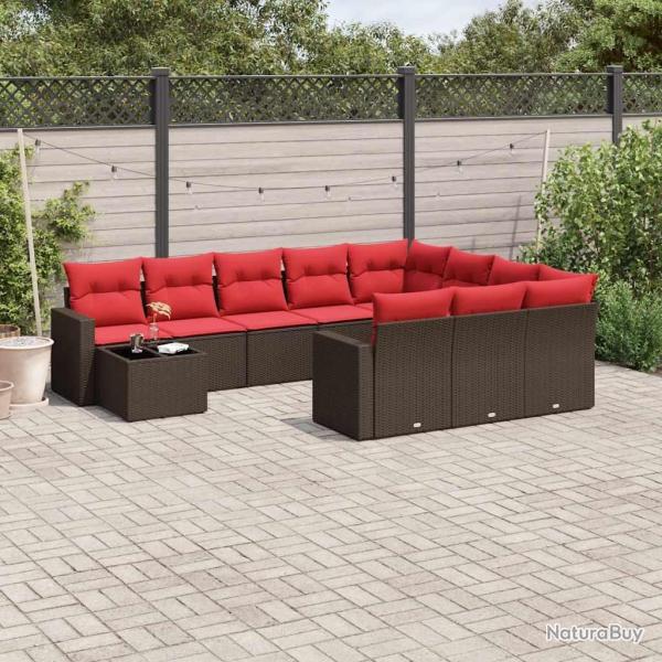 Ensemble de canap� de 11 pcs avec coussins marron r�sine tress�e