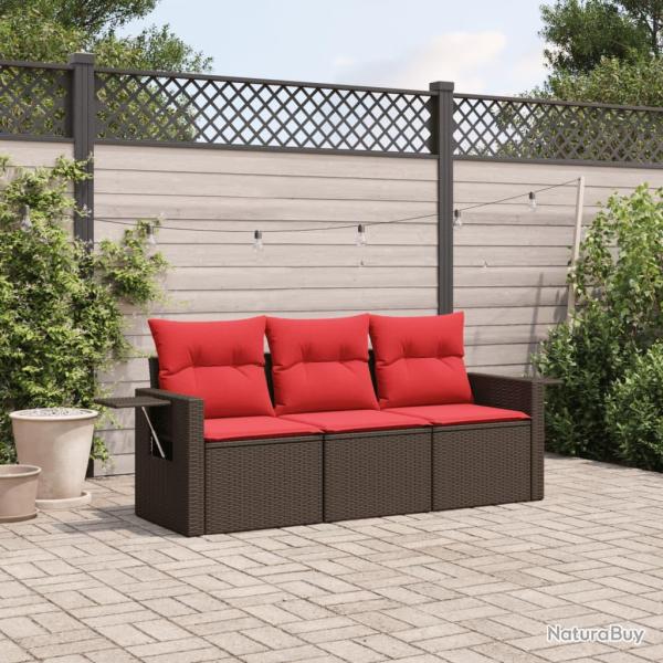 Ensemble de canap� de 3 pcs avec coussins marron r�sine tress�e