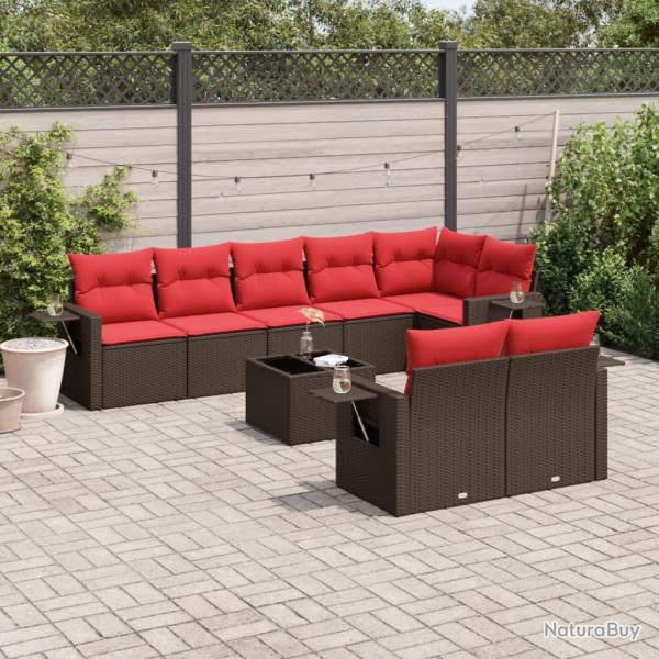 Ensemble de canap� de 9 pcs avec coussins marron r�sine tress�e