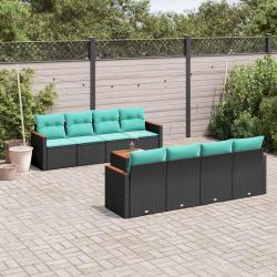 Ensemble de canap&eacute; de 9 pcs avec coussins noir r&eacute;sine tress&eacute;e