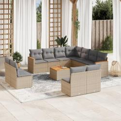 Salon de jardin avec coussins, 12 pi&egrave;ces, r&eacute;sine tress&eacute;e, m&eacute;lange beige