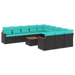 Ensemble de canap&eacute; de 12 pcs avec coussins noir r&eacute;sine tress&eacute;e