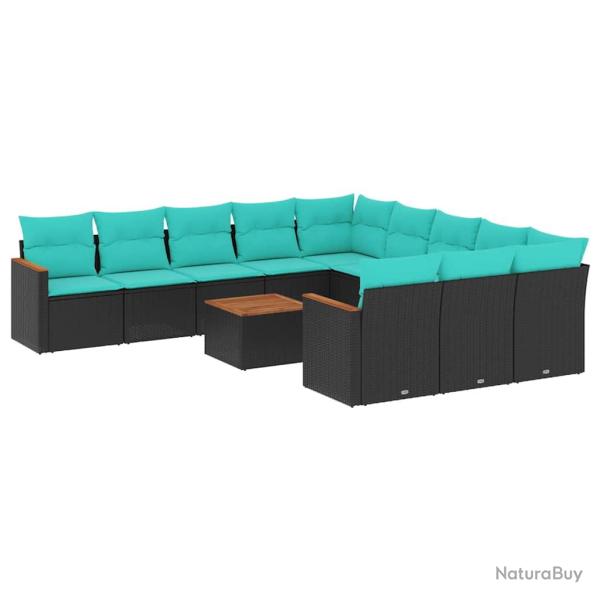 Ensemble de canap� de 12 pcs avec coussins noir r�sine tress�e