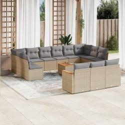 Salon de et coussins 14 pcs m&eacute;lange beige r&eacute;sine tress&eacute;e