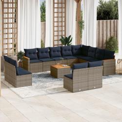 Ensemble de canap&eacute; de 13 pcs avec coussins gris r&eacute;sine tress&eacute;e