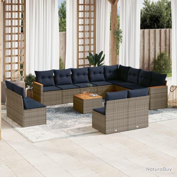 Ensemble de canap� de 13 pcs avec coussins gris r�sine tress�e