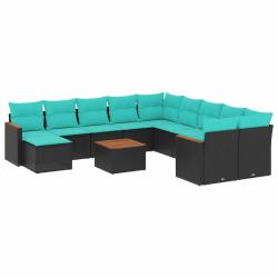 Ensemble de canap&eacute; de 12 pcs avec coussins noir r&eacute;sine tress&eacute;e