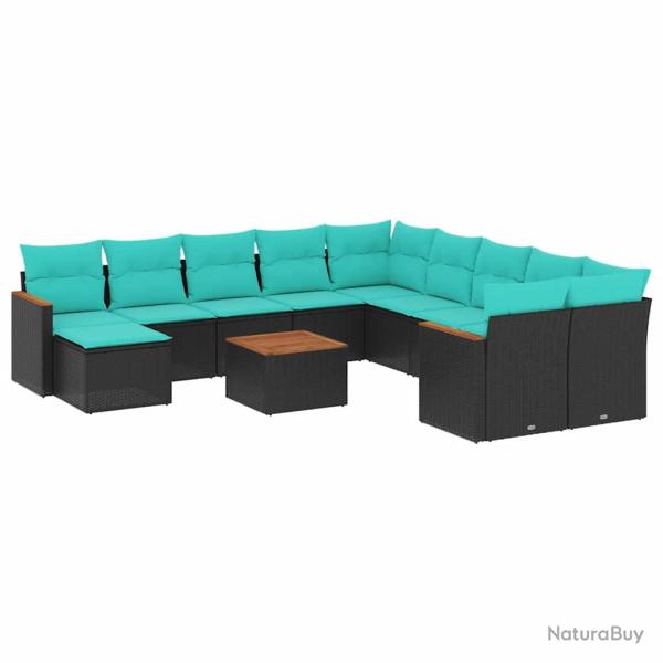 Ensemble de canap� de 12 pcs avec coussins noir r�sine tress�e