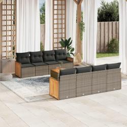 Salon de 9 pcs avec coussins gris r&eacute;sine tress&eacute;e