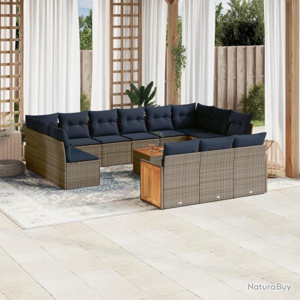 Ensemble de canap� de 16 pcs avec coussins gris r�sine tress�e