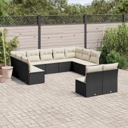 Salon de 11 pi&egrave;ces avec coussins, noir, en r&eacute;sine tress&eacute;e pour le jardin