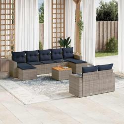 Ensemble de canap&eacute;s, 10 pi&egrave;ces, avec coussins gris, en r&eacute;sine tress&eacute;e, pour le jardin