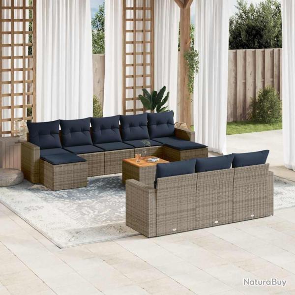 Ensemble de canap�, 11 pi�ces, avec coussins gris, en r�sine tress�e, pour la terrasse