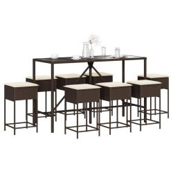 Ensemble de bar de 9 pcs avec coussins marron poly rotin