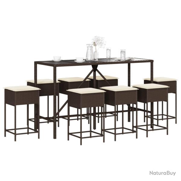 Ensemble de bar de 9 pcs avec coussins marron poly rotin