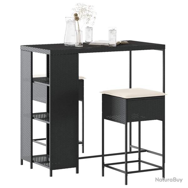 Ensemble de bar de 3 pcs avec coussins noir poly rotin
