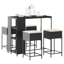Ensemble de bar de 5 pcs avec coussins noir poly rotin