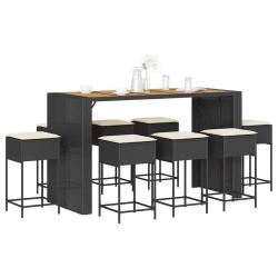 Ensemble de bar de 9 pcs avec coussins noir poly rotin