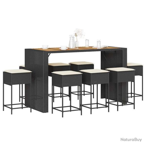 Ensemble de bar de 9 pcs avec coussins noir poly rotin
