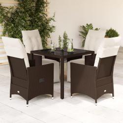 Ensemble de bistro, 5 pi&egrave;ces, avec coussins marron, en poly rotin, pour le jardin