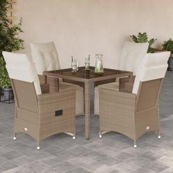 Ensemble de bistro, 5 pi&egrave;ces, avec coussins beiges, en poly rotin, pour le jardin