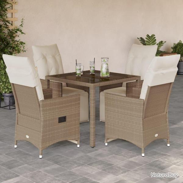 Ensemble de bistro, 5 pi�ces, avec coussins beiges, en poly rotin, pour le jardin