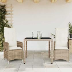 Ensemble de bistro, 3 pi&egrave;ces, avec coussins beiges, en poly rotin, pour le jardin